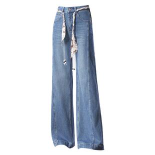 今年流行高腰微喇阔腿牛仔裤女2026春季新款丝巾绑带直筒拖地长裤
