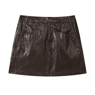 妖精的口袋咖色a字PU皮半身裙女2025年冬季新款显瘦甜酷短裙皮裙
