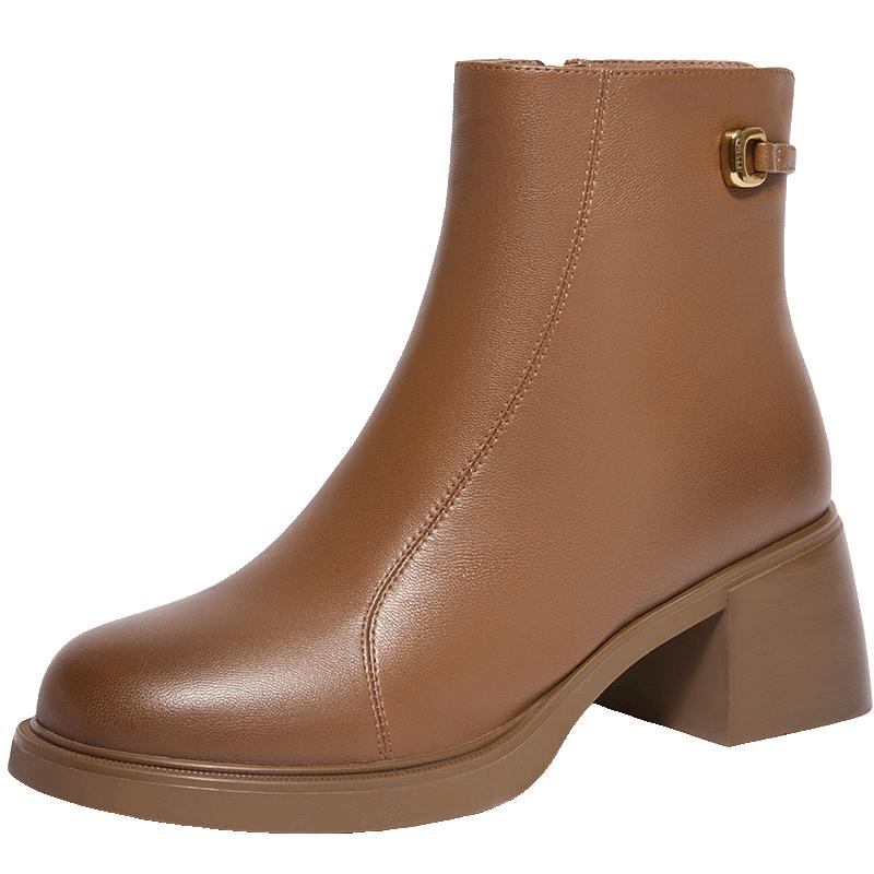 百丽女鞋加绒保暖时装靴子冬季新款超软羊皮粗高跟短靴女B8F1DDD4