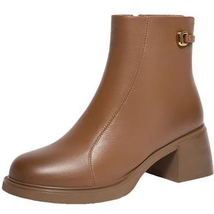 百丽女鞋加绒保暖时装靴子冬季新款超软羊皮粗高跟短靴女B8F1DDD4