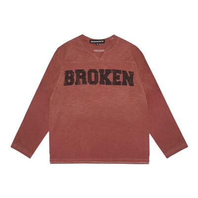 Brokenonyx 复古美式橄榄球9分袖竹节纹纱水洗做旧印花橄榄球T恤