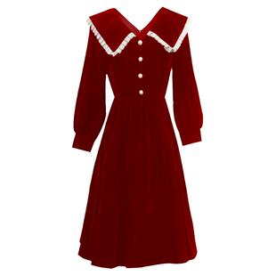 法式丝绒裙结婚礼服裙红色敬酒服回门订婚连衣裙平时可穿秋冬打底
