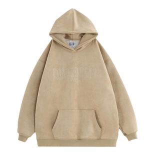 INSstudios 国潮牌情侣美式哥特字体LOGO刺绣麂皮绒加绒连帽卫衣