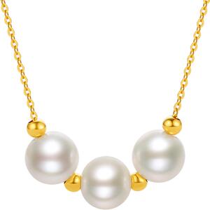 周六福黄18K金珍珠项链女优雅法式白色淡水珍珠送女友节日礼物