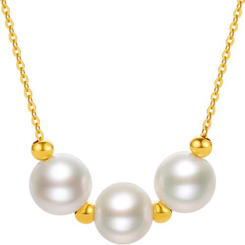 周六福黄18K金珍珠项链女优雅法式白色淡水珍珠送女友节日礼物