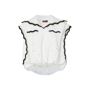 lefame拉飞姆深咖色烫钻撞色花边华丽上衣