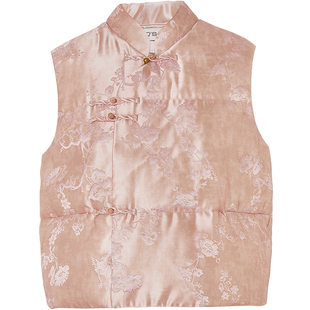 QS秸熙2025冬季新款设计感新中式提花短款马甲无袖叠穿斜襟羽绒服