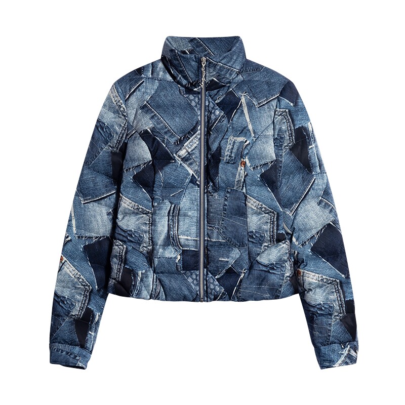 【90白鸭绒】Desigual26秋冬新品牛仔拼布印花立领短款女式羽绒服
