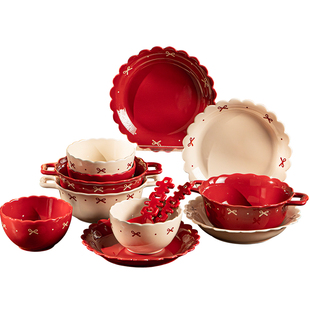 sisin诗心 碗家用碗碟套装家用餐具套组陶瓷蝴蝶结碗盘组合新品