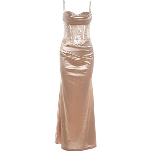 #Sisjuly#法式典雅风格 亮片拼接褶皱设计修身纯欲吊带连衣裙女秋