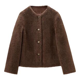 OVV秋冬新款女装阿尔巴卡混纺羊毛经典圆领短款大衣外套