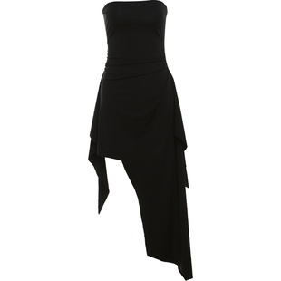 KLIOU 小众设计师款复古黑色抹胸连衣裙女显瘦掐腰不规则辣妹裙潮