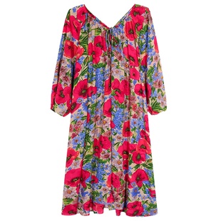 落落狷介 超好看连衣裙2025年新款夏季宽松长裙V领漏背碎花裙