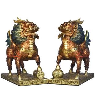 全铜麒麟摆件一对公母黄铜麒麟八卦办公室客厅入户门口装饰品大号