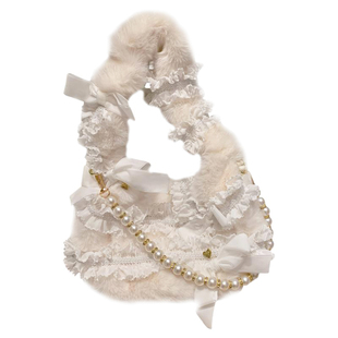 SwtCor甜核原创优雅黑白色毛绒绒手提包珍珠花边蝴蝶结单肩斜跨包