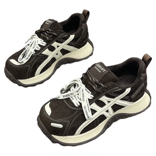 真皮厚底加绒老爹鞋女2025年冬季新款时尚百搭拼色显瘦休闲运动鞋