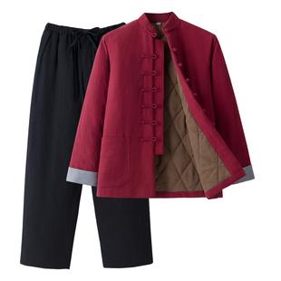 中老年棉花棉衣男中国风唐装冬季棉服爸爸棉麻冬装棉袄棉裤套装