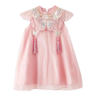 幼悠女童汉服连衣裙2025夏新款中国风刺绣流苏丝缎宝宝网纱背心裙