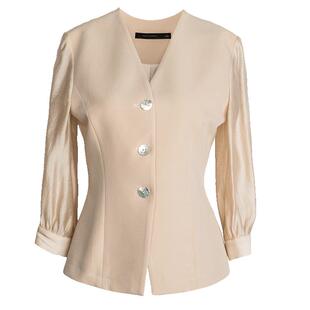 罗衣修身杏色拼接衬衫女春季法式V领修身七分袖职场上衣10300