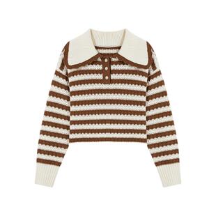 秋水伊人大翻领条纹针织衫2025年冬季新款女装微宽松设计感上衣