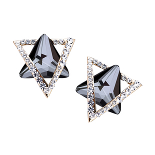 新款超闪时尚前卫黑色大耳钉三角形镶钻纯银针防敏耳饰品异形耳环