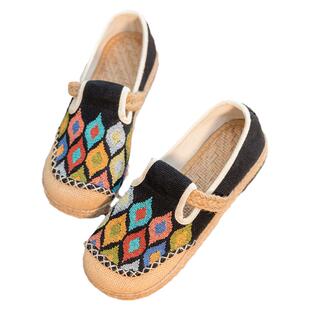 春秋新款透气平底绣花鞋老北京布鞋女渔夫鞋低帮亚麻民族风一脚蹬