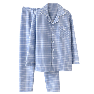 纯棉空气层男士睡衣保暖加厚格子