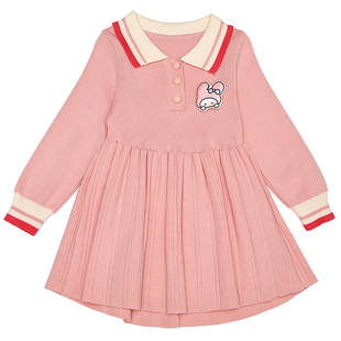 小女孩翻领卡通公主裙针织秋冬女宝宝裙子毛线衣女童连衣裙秋装潮