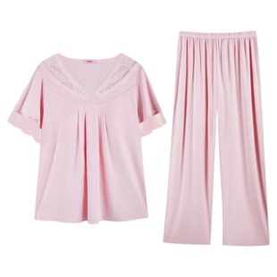 Bonny/博尼V领花边短袖带胸垫长裤家居服套装免穿文胸睡衣莫代尔