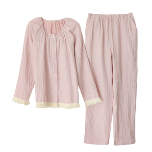 出口文艺范流苏睡衣女生纯棉纱布薄款圆领开衫长袖长裤家居睡眠服