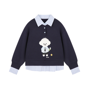 Amybaby女童上衣春季2026新款美式高级感假两件卡通印花翻领卫衣