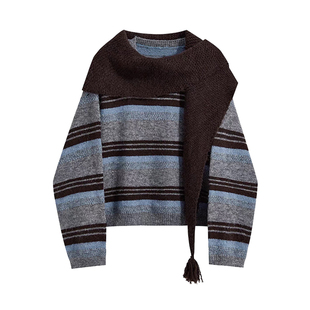 专柜韩系慵懒风条纹毛衣女秋冬高级感宽松休闲套头配三角巾两件套