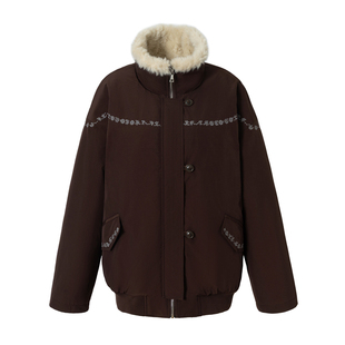 「heris」蓬松羊羔毛内胆 花簇藤蔓刺绣 浆果紫立领花苞派克棉服