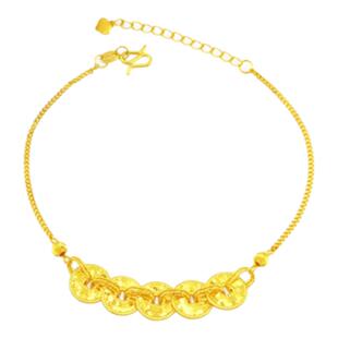 爆闪碎碎冰五帝钱币手链 女新中式纯银镀18K金招财纳福钱多多礼物