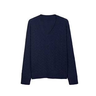 SURONG柴达木纱线纯羊绒V领针织套衫女秋冬新款绞花慵懒宽松上衣