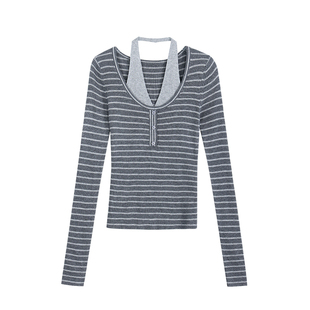 NEVA HU daily随意感~条纹拼接假两件长袖t恤女修身挂脖针织上衣