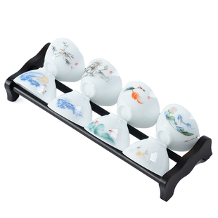 高端冰种玉白瓷功夫茶小茶杯套装8只品茗杯茶具茶碗斗笠杯带杯架