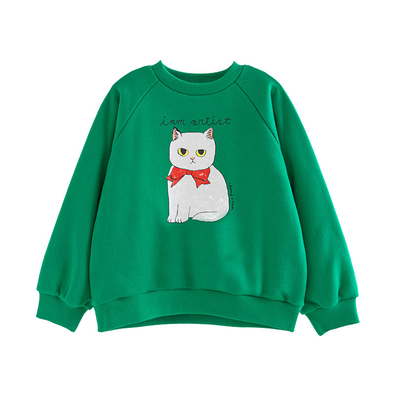 ILOVEJ女童小猫印花绿色卫衣