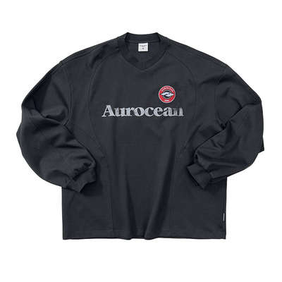 Aurocean 徽章刺绣黑色球衣T恤 奶痞少年感宽松大版内搭长袖t