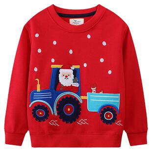 挖掘机衣服儿童纯棉卫衣春秋装卡通不加绒工程车新年红色男童小衫