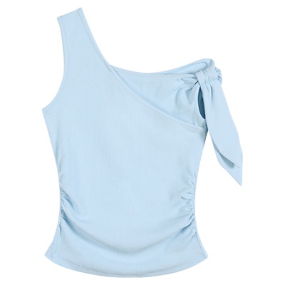 NEVA HU 独特剪裁|设计感斜肩T恤女修身短款露肩背心无袖斜领上衣