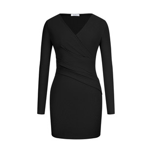MosesQueen魔西女王黑色v领长袖连衣裙女春秋收腰显瘦包臀短裙子