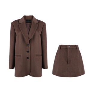 Deessesicile 奶咖色羊毛呢高级气质西装外套短裙智性通勤套装