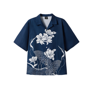 韦恩泽维尔加肥加大男装大码古巴领泡泡纱印花短袖宽松衬衫9152