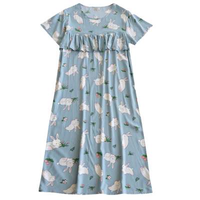 夏季睡衣女棉绸睡裙圆领短袖防凸点孕妇薄款宽松加大码碎花家居服