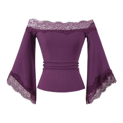 一字肩蕾丝拼接喇叭袖T恤上衣