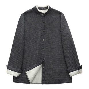 2025秋冬新款加绒保暖衬衫女宽松复古百搭小格子立领长袖内搭衬衣