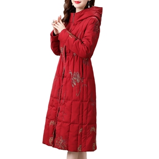 香妮芬2025年新款冬季白鹅绒刺绣中长款连帽羽绒服女高端时尚气质