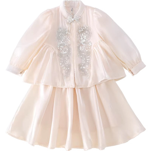 女童新中式套装汉服裙春装新款国风半身裙子春秋洋气小女孩两件套