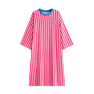 悦内睡裙女款睡衣春秋季纯棉长袖家居服时尚加大码多巴胺条纹长款